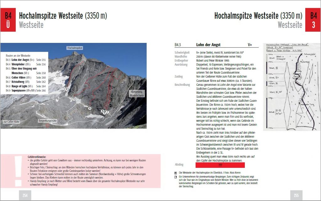 Das Bild zeigt die Nordwestseite der Hochalmspitze mit den Kletterrouten aus der 2. Auflage des Maltatal Kletterführer.