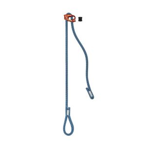 Blaue Petzl Connect Adjust Selbstsicherungsschlinge auf weißem Hintergrund.