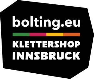 Schwarzes Logo des Klettershop Innsbruck mit weißer Schrioft und buntem Streifen.